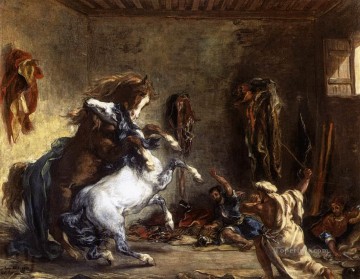  horses Oil Painting - Arab Horses Fighting in a Stable Romantic Eugene Delacroix